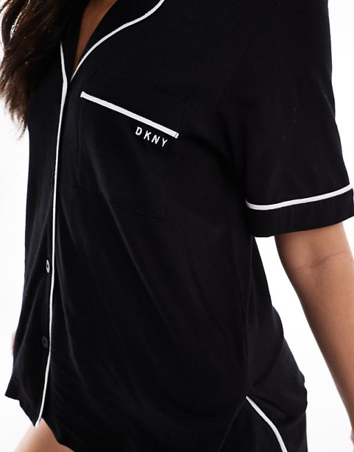DKNY Signature Short Sleeve Notch Collar Boxer Set In Black