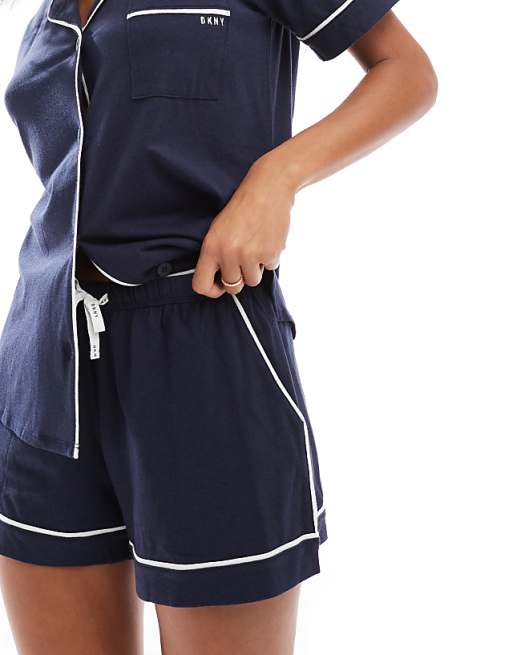 DKNY Signature Short Sleeve Notch Collar Boxer Set In Navy
