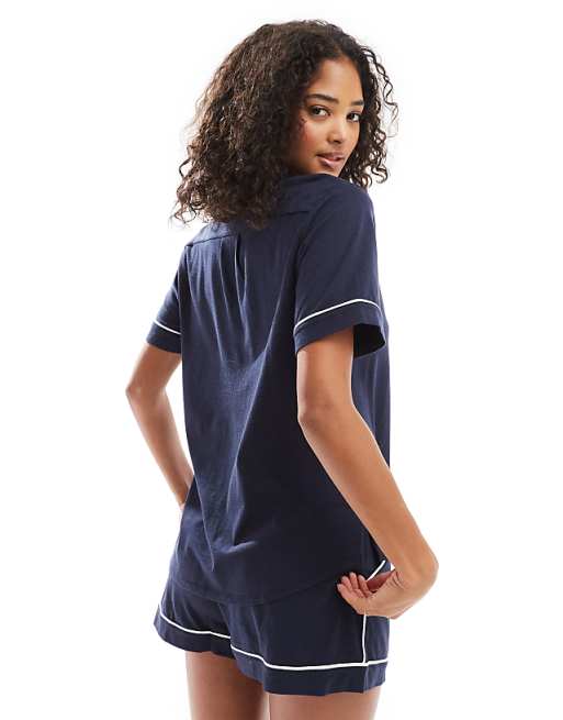 DKNY Signature Short Sleeve Notch Collar Boxer Set In Navy