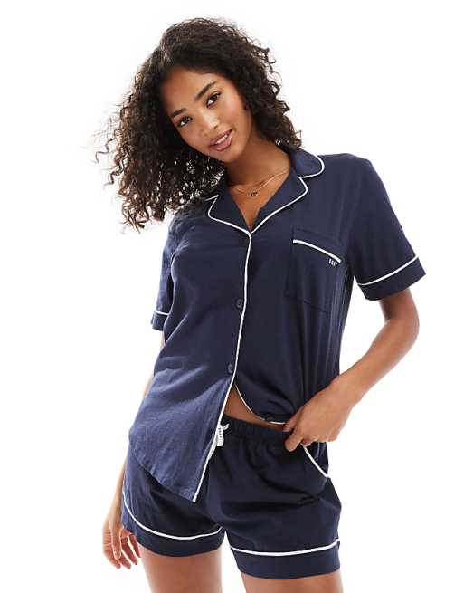 DKNY signature short sleeve notch collar boxer set in navy