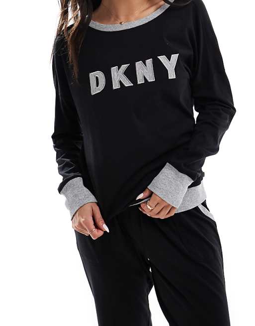 DKNY Signature Top And Jogger PJ Set In Black/Grey
