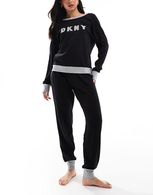 DKNY Signature Top and Jogger PJ set in Black/Grey
