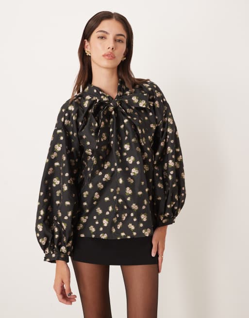 Dream Sister Jane Oversized Pussybow Co-ord In Tea Rose Black Floral