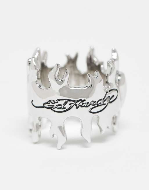 Ed Hardy Flaming Heart Band Ring In Silver