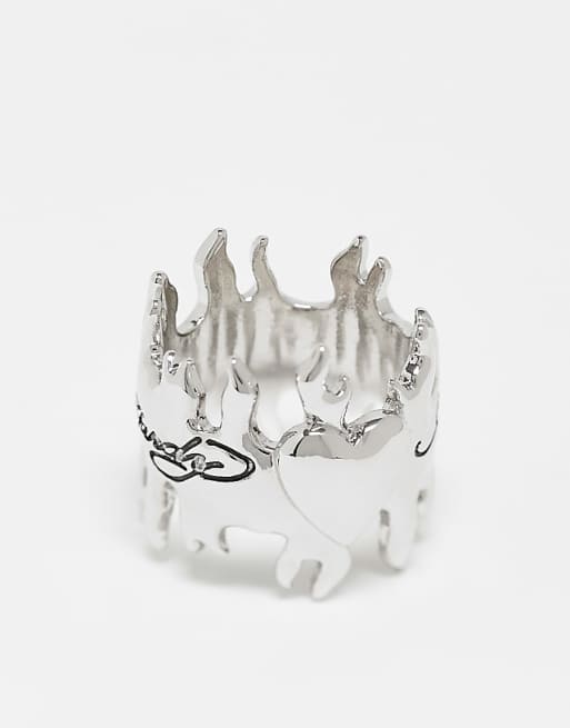 Ed Hardy flaming heart band ring in silver
