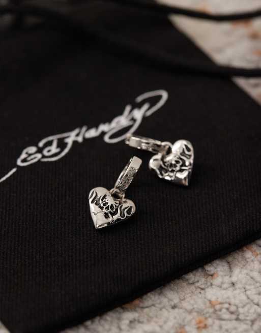 Ed Hardy Heart Pendant Hoop Earrings In Silver