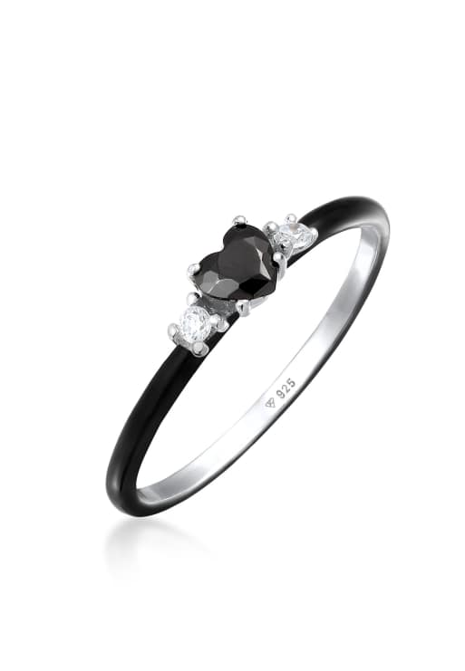 Elli Ring Elli Ring With Stones Women Heart Zirconia Crystals Black Enamel 925 Sterling Silver Engagement Black In Black