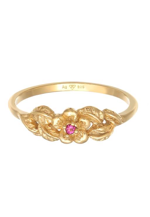 Elli Ring Ladies Flower Floral With Synthetic Ruby In 925 Sterling Silver Gold Plated In Gold