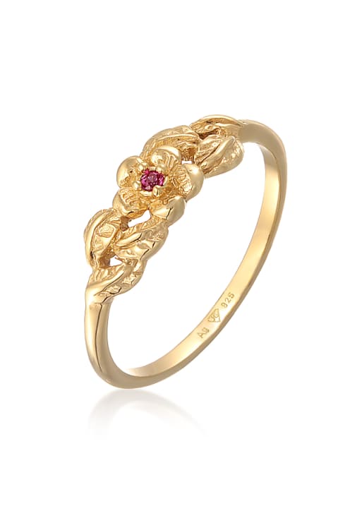 Elli Ring ladies flower floral with synthetic ruby in 925 sterling silver gold plated in gold