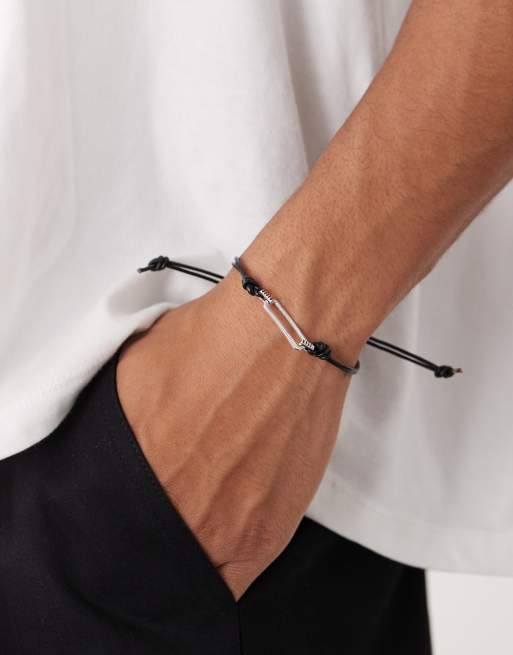 Faded Future Leather Macrame Bracelet In Black And Silver