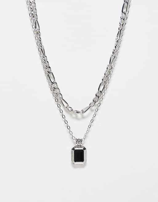 Faded Future pack of 2 figaro chain and black stone pendant necklace in silver