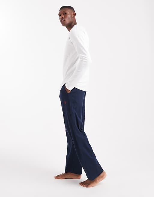 Farah Long Sleeve Logo T-shirt And Branded Jacquard Waistband Lounge Bottoms Set In White/navy - MULTI