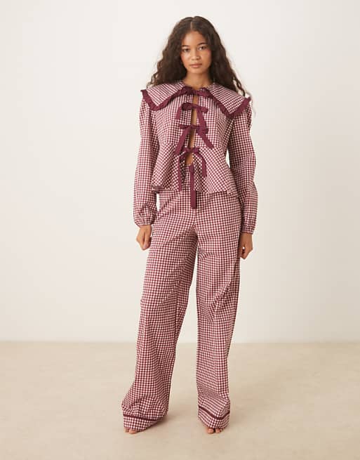 Glamomrous Pyjama Set In Burgundy Check Gingham