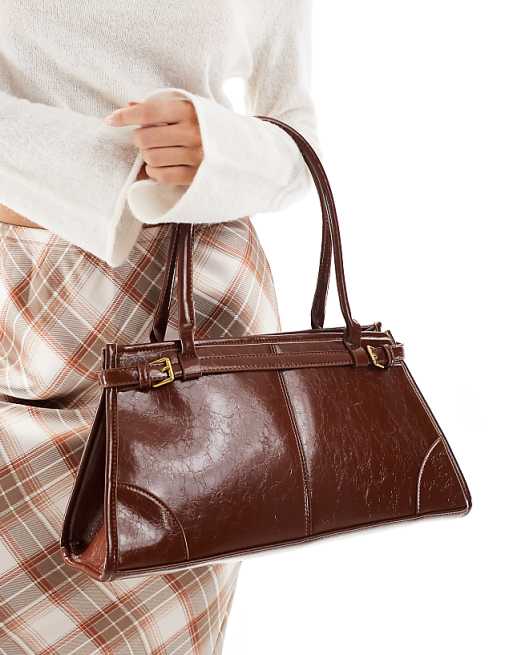Glamorous Belt Detail Long Shoulder Bag In Dark Brown