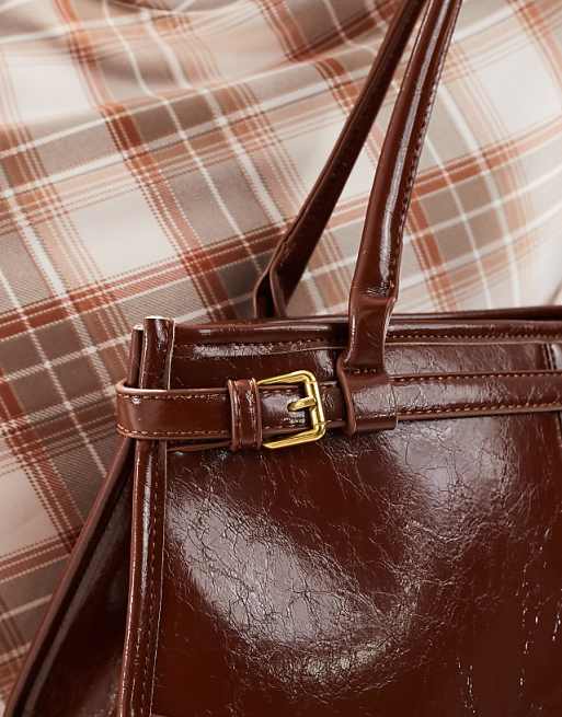 Glamorous Belt Detail Long Shoulder Bag In Dark Brown
