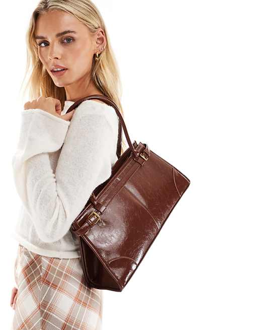 Glamorous Belt Detail Long Shoulder Bag In Dark Brown