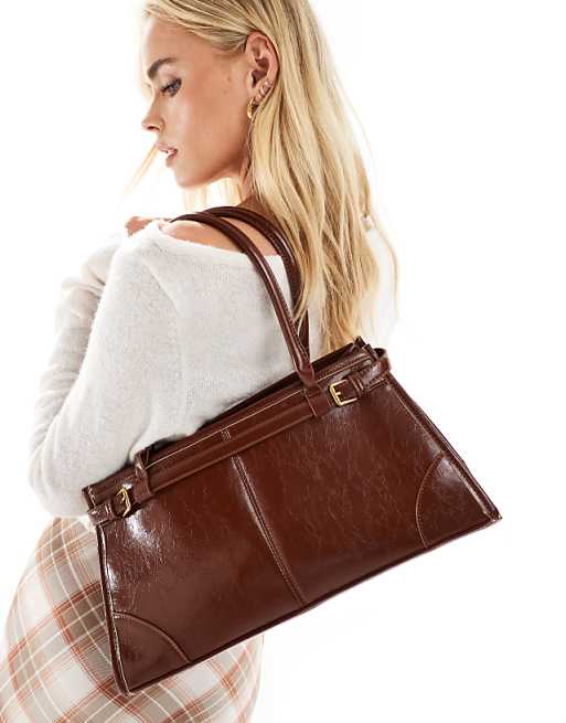 Glamorous belt detail long shoulder bag in dark brown