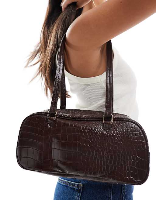 Glamorous Bowler Shoulder Bag In Brown Croc