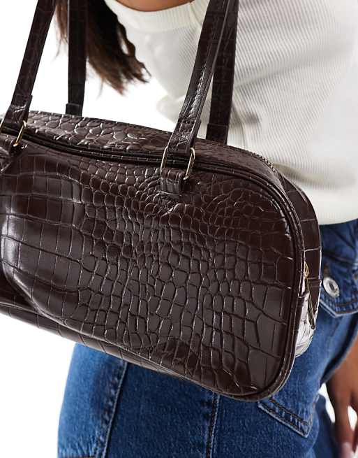 Glamorous Bowler Shoulder Bag In Brown Croc