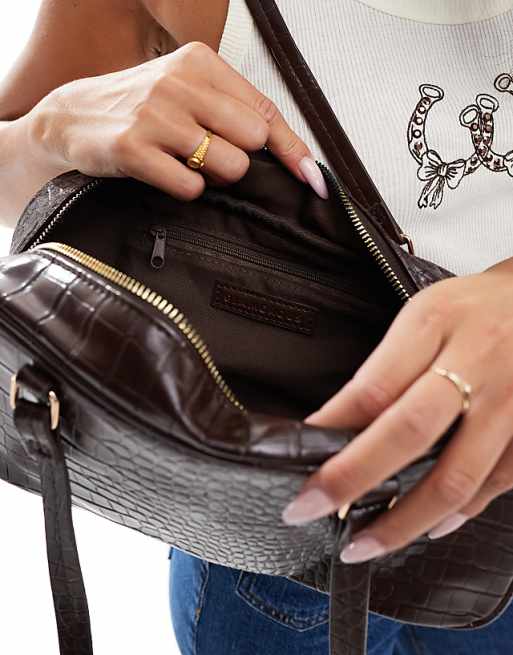 Glamorous Bowler Shoulder Bag In Brown Croc
