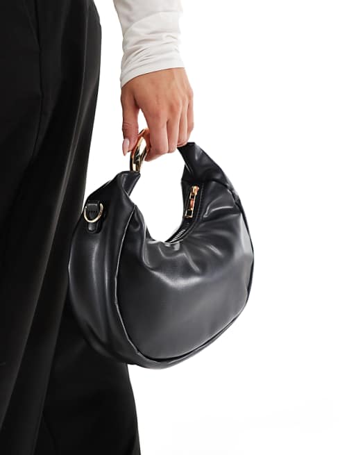 Glamorous Clasp Detail Top Handle Bag With Crossbody Strap In Black