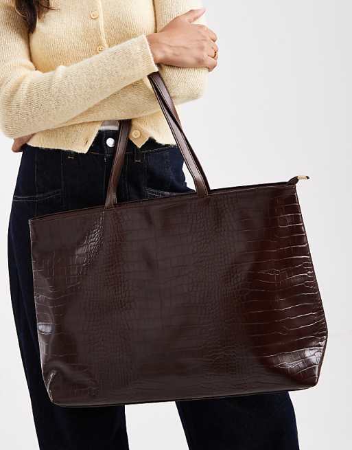 Glamorous Croc Effect Large Tote Bag In Brown