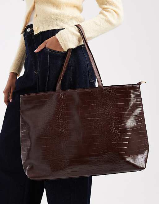 Glamorous Croc Effect Large Tote Bag In Brown