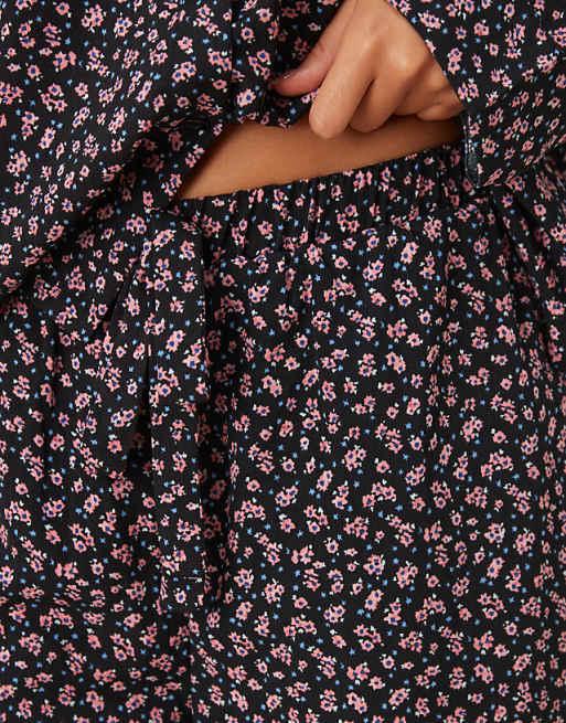Glamorous Ditsy Floral Pyjama Shirt And Trouser Set In Black Pink Floral