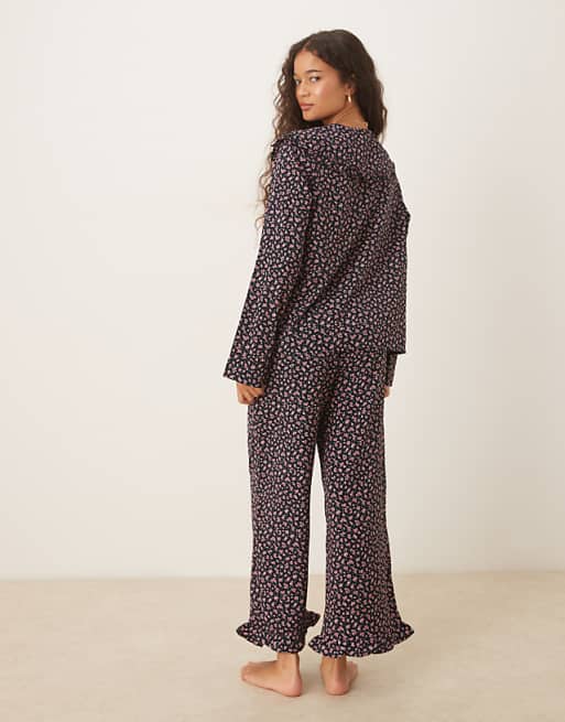 Glamorous Ditsy Floral Pyjama Shirt And Trouser Set In Black Pink Floral