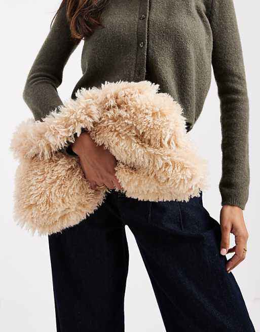 Glamorous Faux Fur Slouchy Tote Bag In Beige