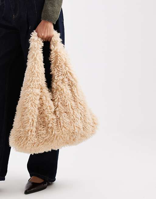 Glamorous Faux Fur Slouchy Tote Bag In Beige