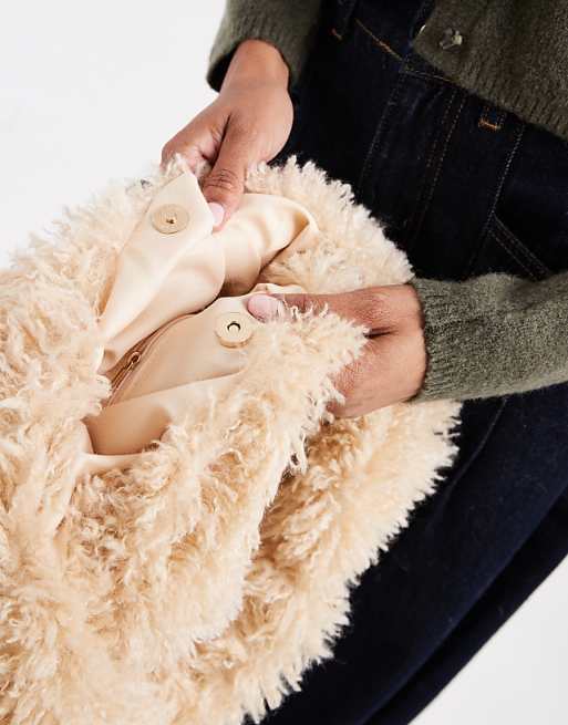 Glamorous Faux Fur Slouchy Tote Bag In Beige