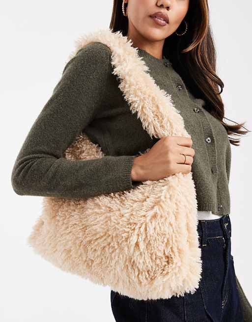 Glamorous faux fur slouchy tote bag in beige