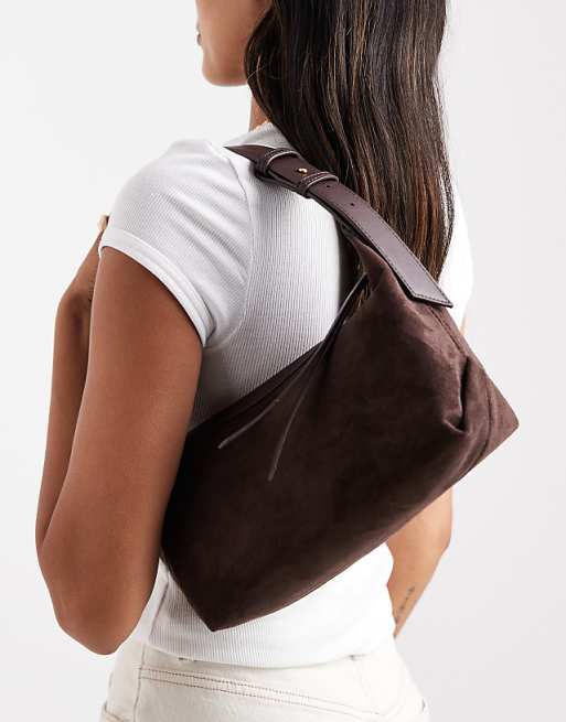 Glamorous faux suede buckle detail shoulder bag in deep brown