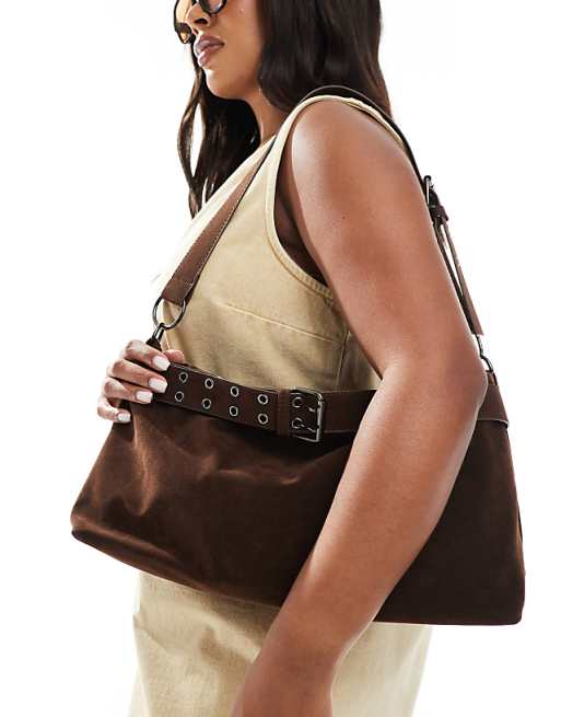 Glamorous faux suede buckle shoulder bag in brown