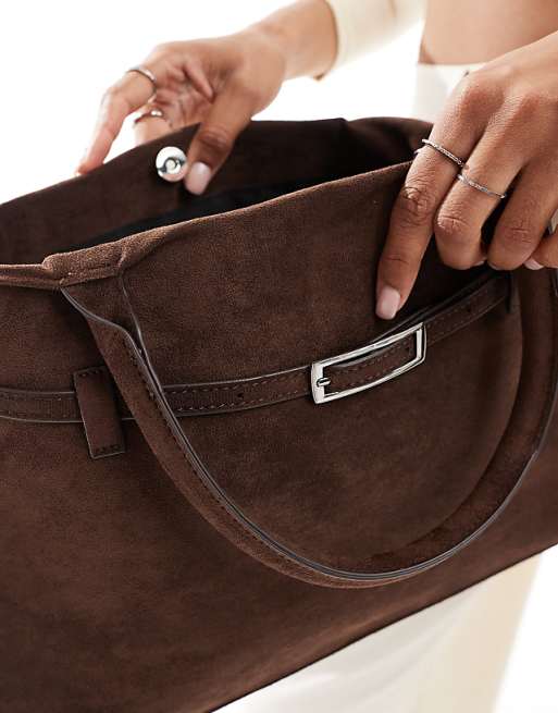 Glamorous Faux Suede Handheld Tote Bag With Buckle Detail In Dark Brown