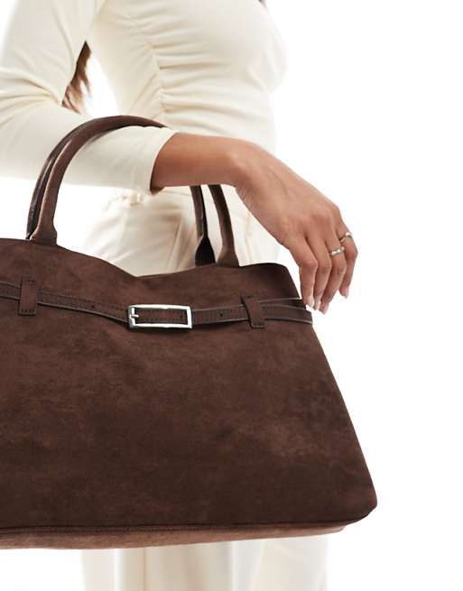 Glamorous Faux Suede Handheld Tote Bag With Buckle Detail In Dark Brown