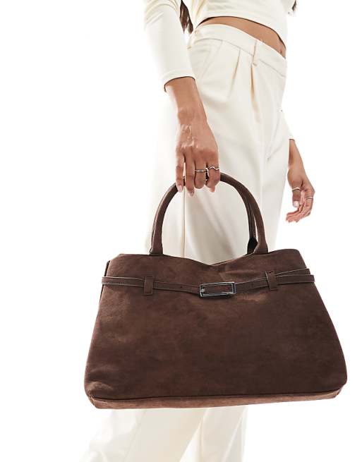 Glamorous faux suede handheld tote bag with buckle detail in dark brown