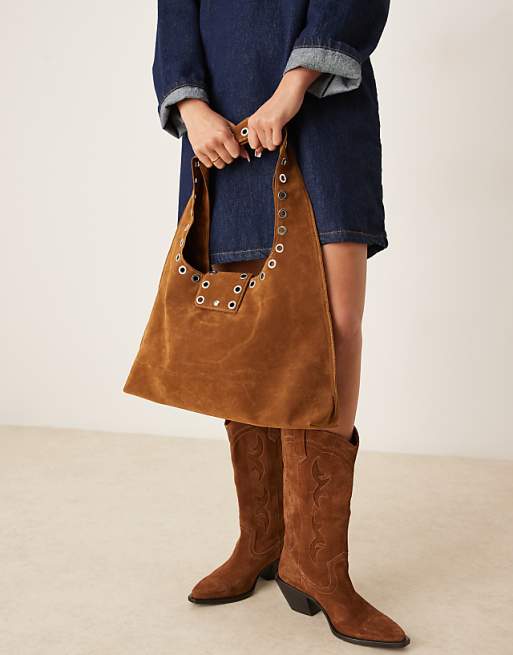 Glamorous Faux Suede Winged Tote Bag With Studding Detail In Beige