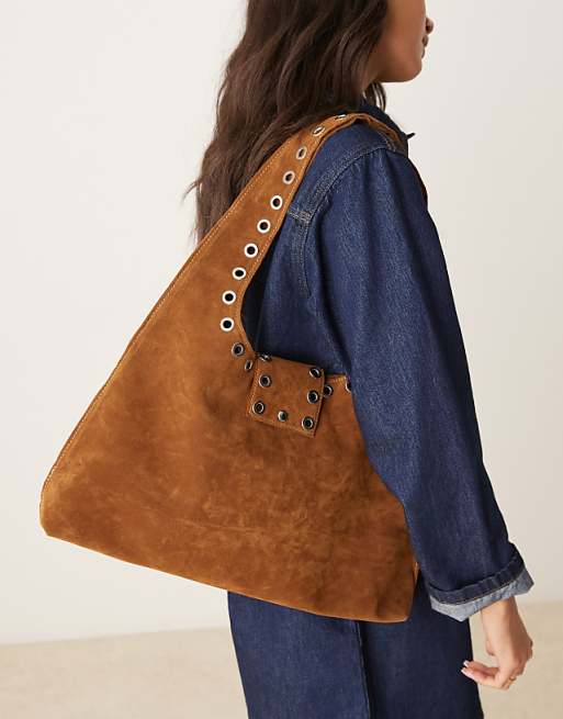 Glamorous faux suede winged tote bag with studding detail in beige