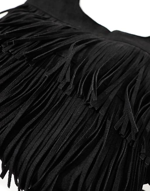 Glamorous Fringed Faux Suede Shoulder Bag In Black