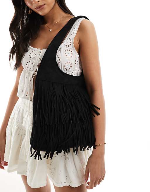 Glamorous fringed faux suede shoulder bag in black