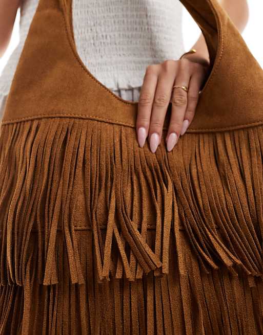 Glamorous Fringed Faux Suede Shoulder Bag In Tan