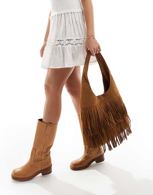 Glamorous Fringed Faux Suede Shoulder Bag In Tan