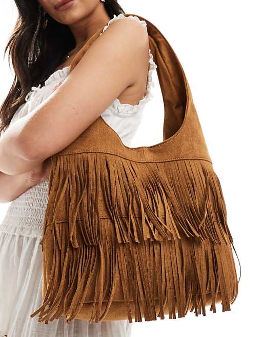 Glamorous Fringed Faux Suede Shoulder Bag In Tan