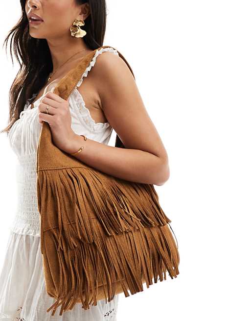 Glamorous fringed faux suede shoulder bag in tan