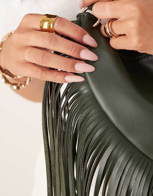 Glamorous Fringed Slouchy Shoulder Bag In Olive