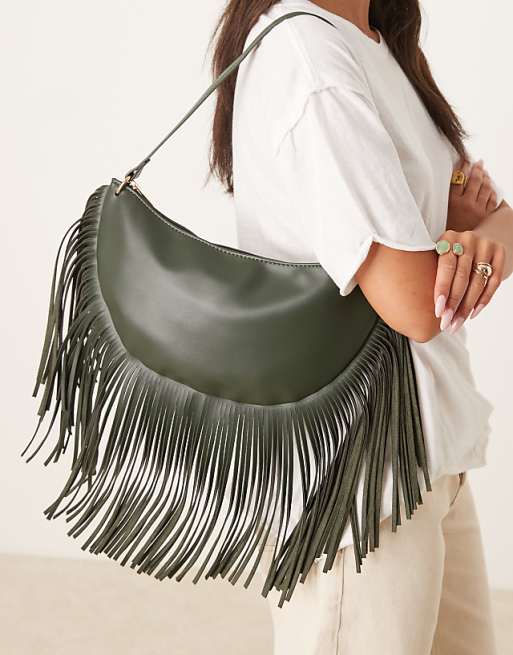 Glamorous Fringed Slouchy Shoulder Bag In Olive