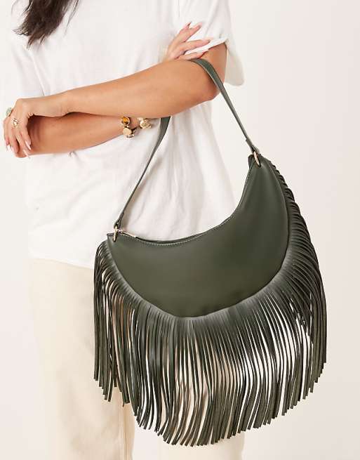 Glamorous Fringed Slouchy Shoulder Bag In Olive