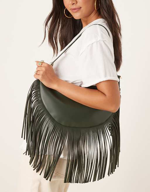 Glamorous fringed slouchy shoulder bag in olive